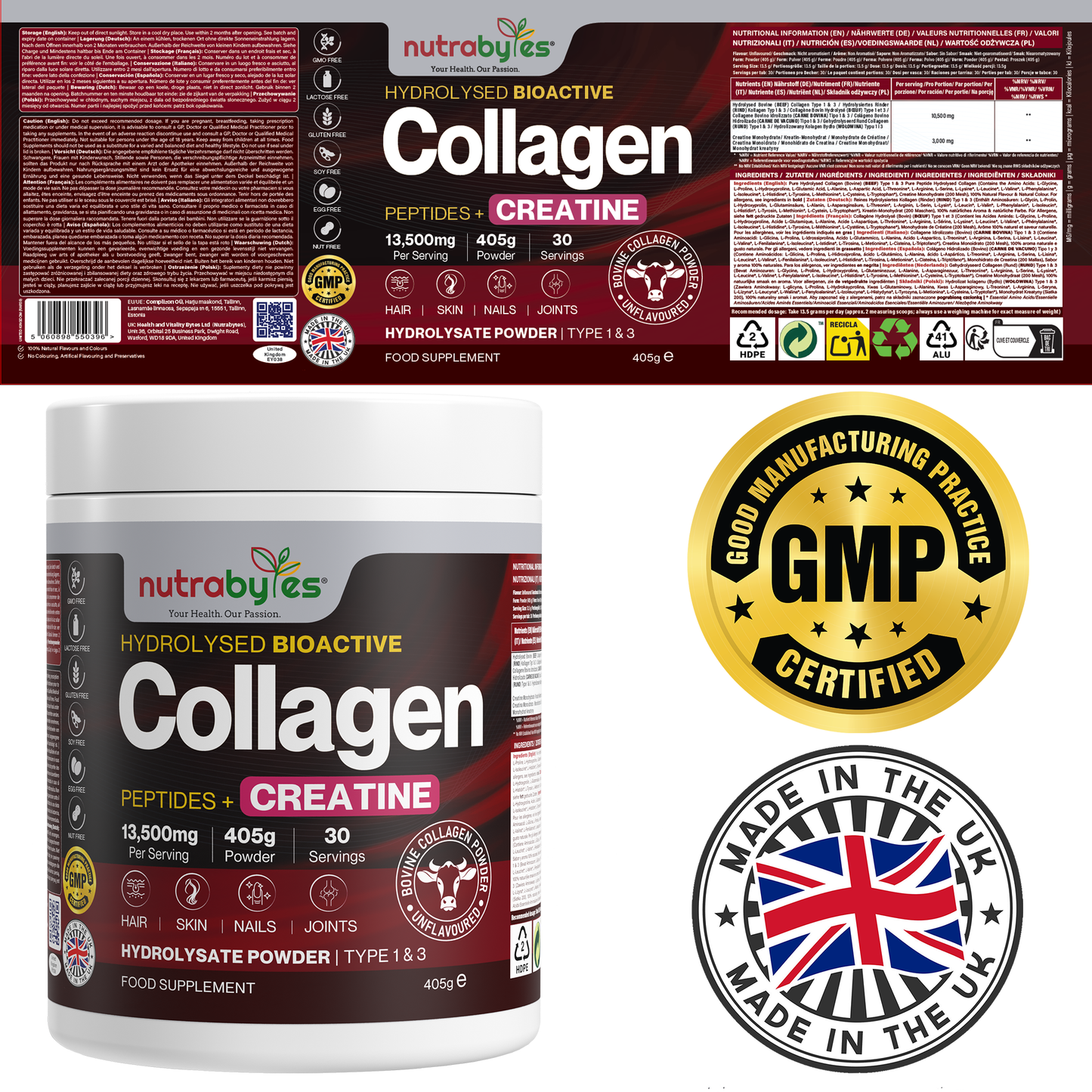 Collagen Powder with Creatine Monohydrate | Bovine Collagen & Micronised Creatine | Unflavoured | 405g
