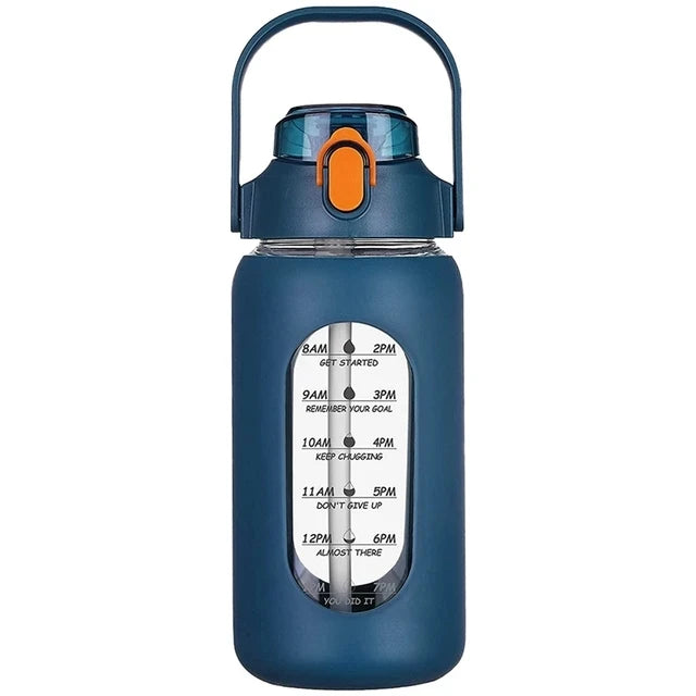 Botella de agua de vidrio de 1000 ml con pajita y funda de silicona - Botella deportiva