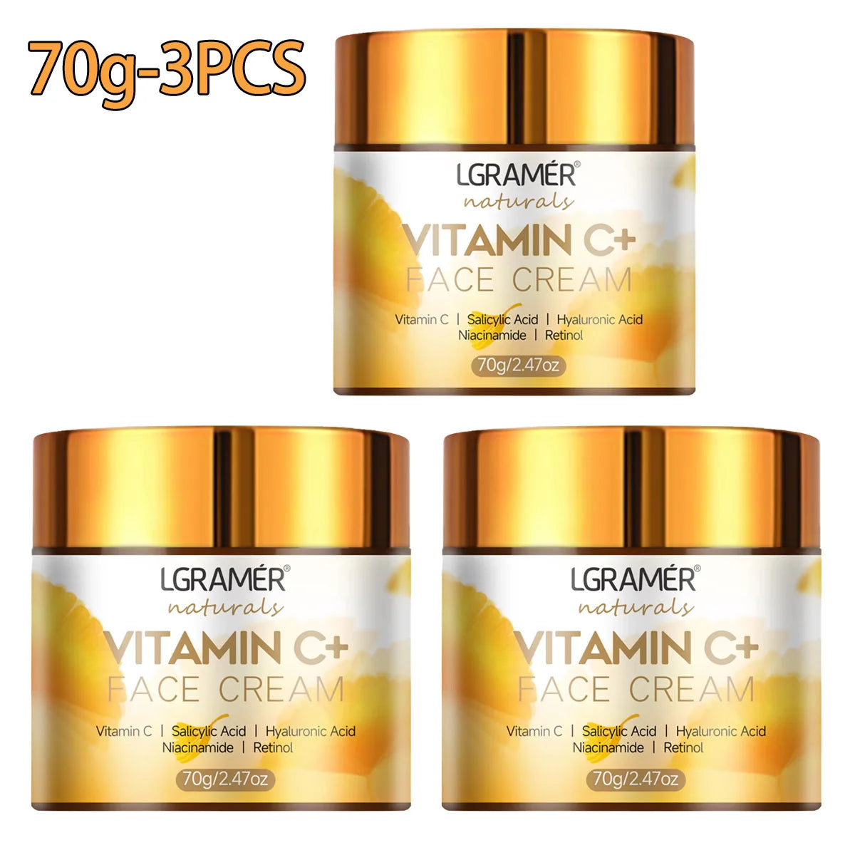 Crema facial con vitamina C, retinol y ácido hialurónico - 70 g (paquete de 3)