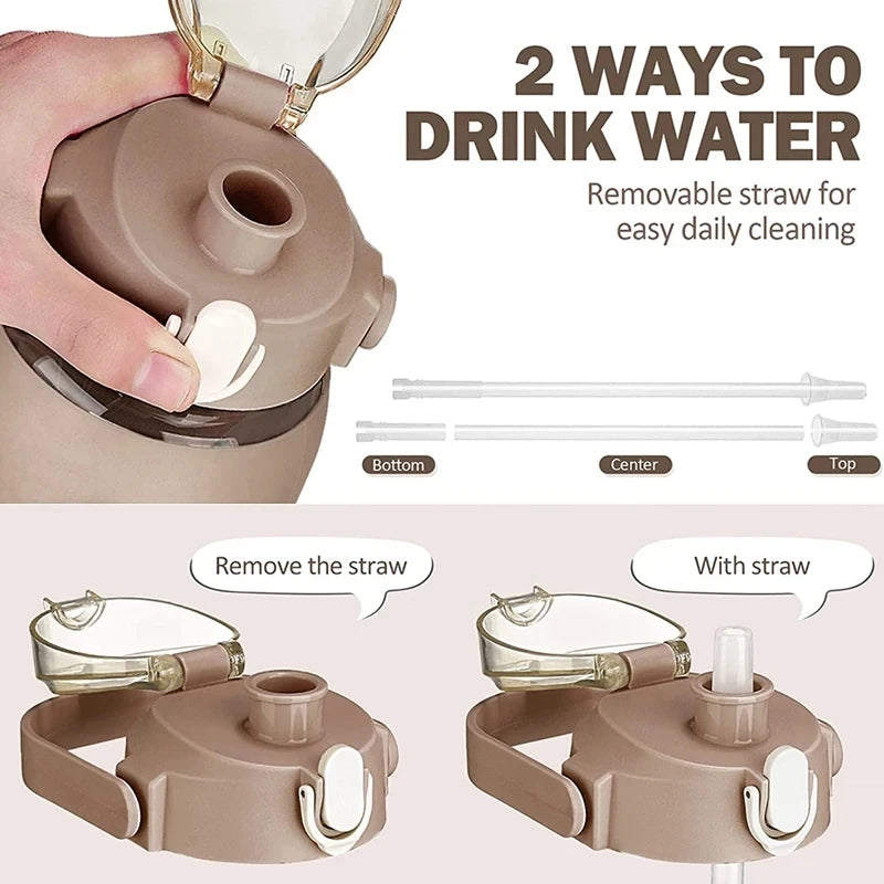 Botella de agua de vidrio de 1000 ml con pajita y funda de silicona - Botella deportiva
