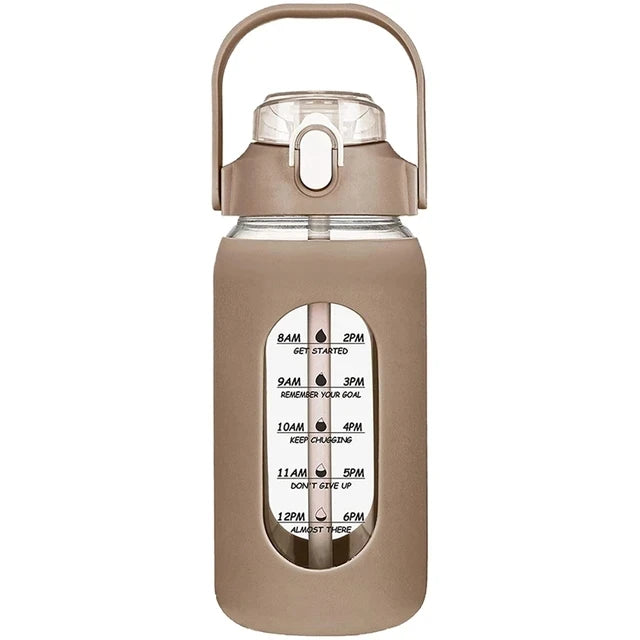 Botella de agua de vidrio de 1000 ml con pajita y funda de silicona - Botella deportiva