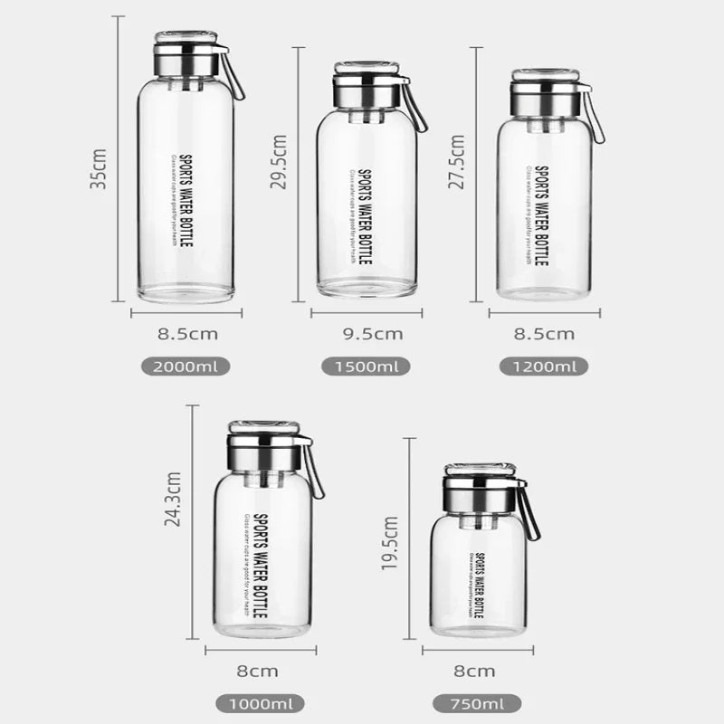 Botella de agua de vidrio de gran capacidad de 2 l: perfecta para deportes y viajes