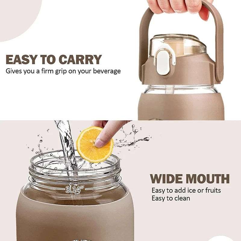 Botella de agua de vidrio de 1000 ml con pajita y funda de silicona - Botella deportiva