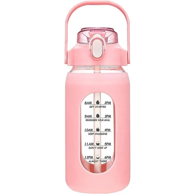 Botella de agua de vidrio de 1000 ml con pajita y funda de silicona - Botella deportiva