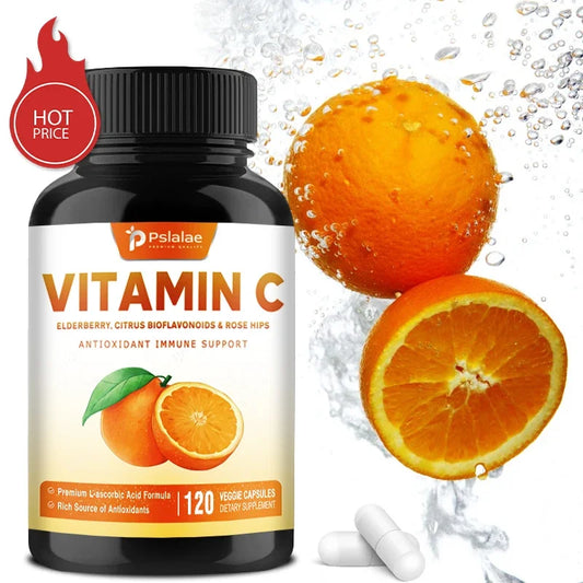 Vitamin C elderberry supplement packaging - vegan non-GMO capsules