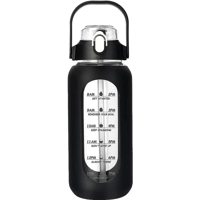 Botella de agua de vidrio de 1000 ml con pajita y funda de silicona - Botella deportiva