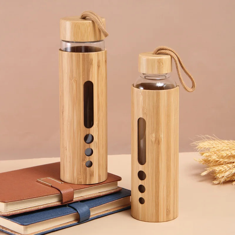 Botella de agua de vidrio de 500 ml con funda de bambú - Artículos ecológicos