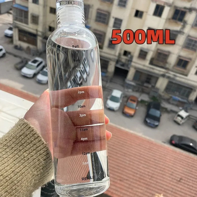 Botella de agua de vidrio con marcador de tiempo - Gran capacidad 300-1000 ml