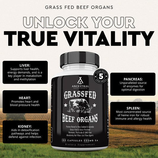 Ancestral Supplements Grass-Fed Beef Organs 180ct | 5-Organ Blend