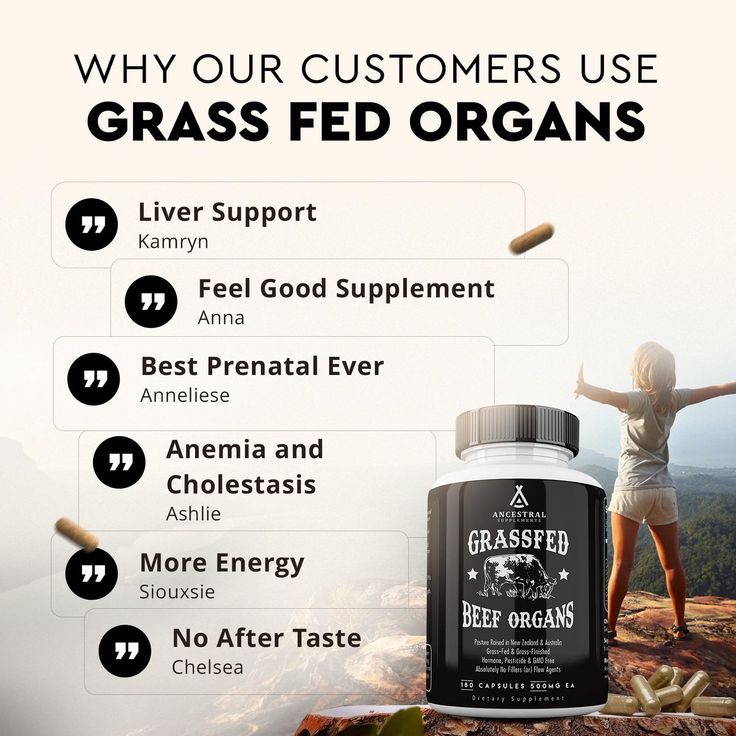 Ancestral Supplements Grass-Fed Beef Organs 180ct | 5-Organ Blend