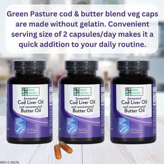 Green Pasture Fermented Cod Liver Oil & Butter Oil Blend – 120 Capsules