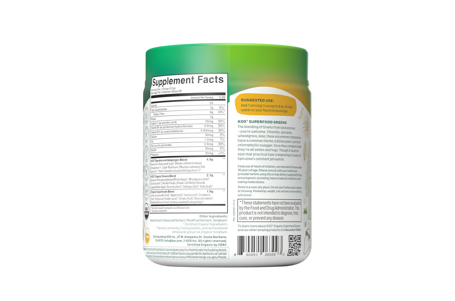 KOS Organic Superfood Greens Powder — Mango, 28 Servings