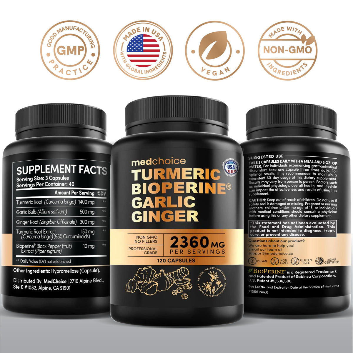 MEDCHOICE 4-in-1 Turmeric and Garlic with BioPerine – 2360mg Turmeric Ginger Capsules, 120 Count (Pack of 2) - Calm Era