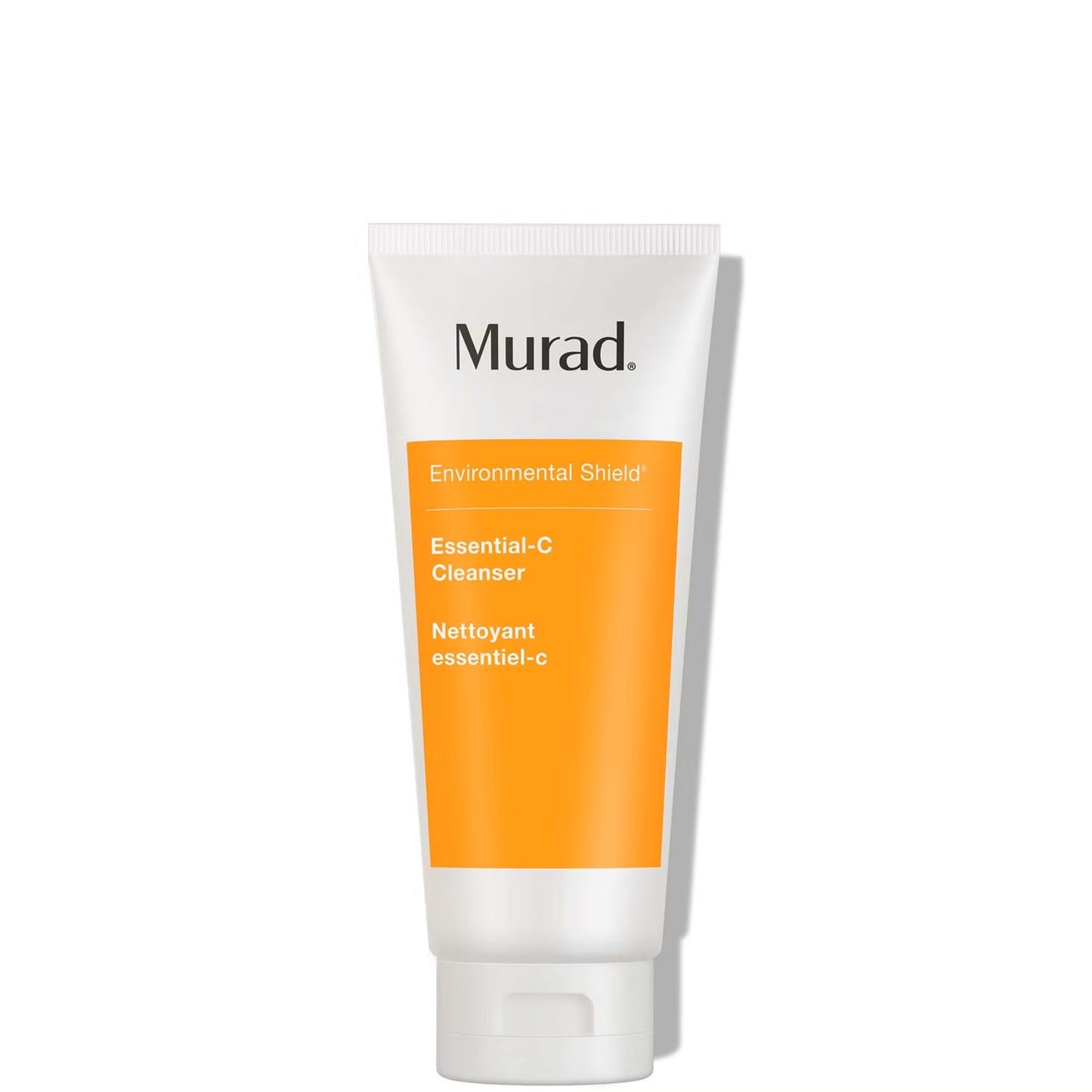 A tube of Murad Environmental Shield Essential-C Cleanser, featuring a white squeeze tube with a prominent orange label block and black brand text, set against a plain white background with a soft shadow.