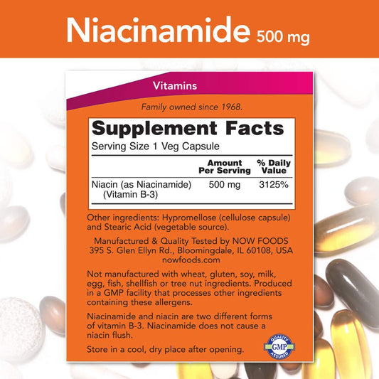 NOW Foods Niacinamide 500mg Vitamin B-3 – 100 Capsules (3-Pack)