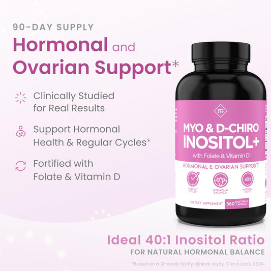 Optify Inositol para mujeres – Suministro para 90 días, Myo-inositol a D-Chiro inositol 40:1, folato y vitamina D