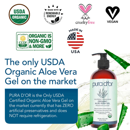 PURA D’OR Organic Aloe Vera Gel — Lavender, 16oz