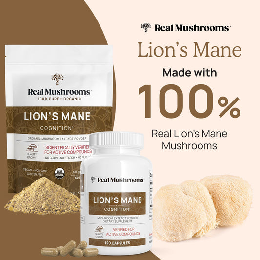 Real Mushrooms Lion's Mane Capsules 300ct | Organic USDA Beta-Glucan Rich