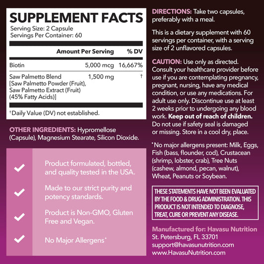 HAVASU Saw Palmetto 1500mg with Biotin 5000mcg | 120ct | Hair & Nails