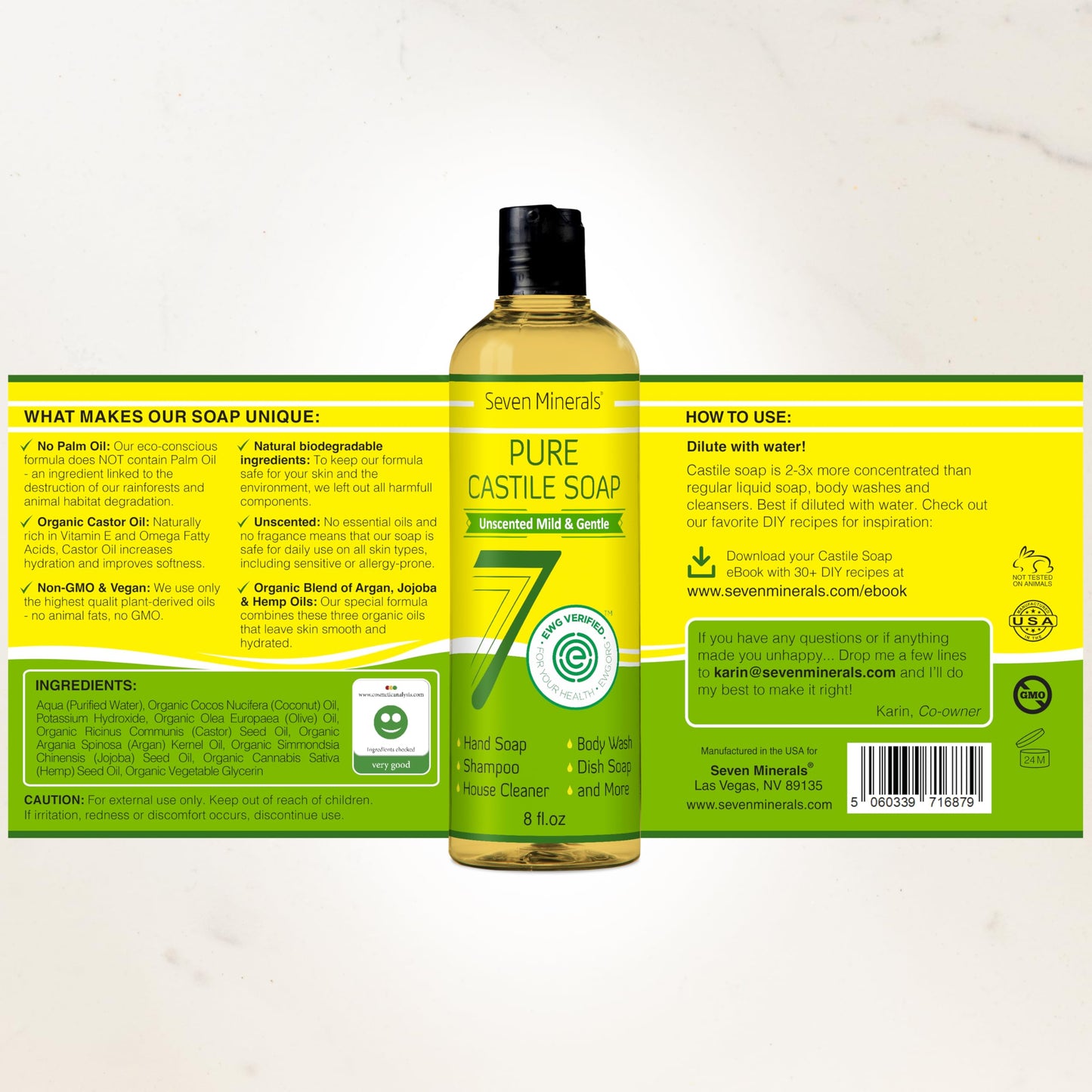 Seven Minerals Pure Castile Soap — Unscented, Sensitive Skin, 8oz
