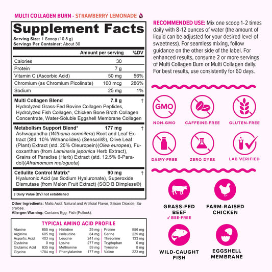 Vitauthority Multi Collagen Burn – Caffeine-Free Strawberry Lemonade, 30 Servings - Calm Era