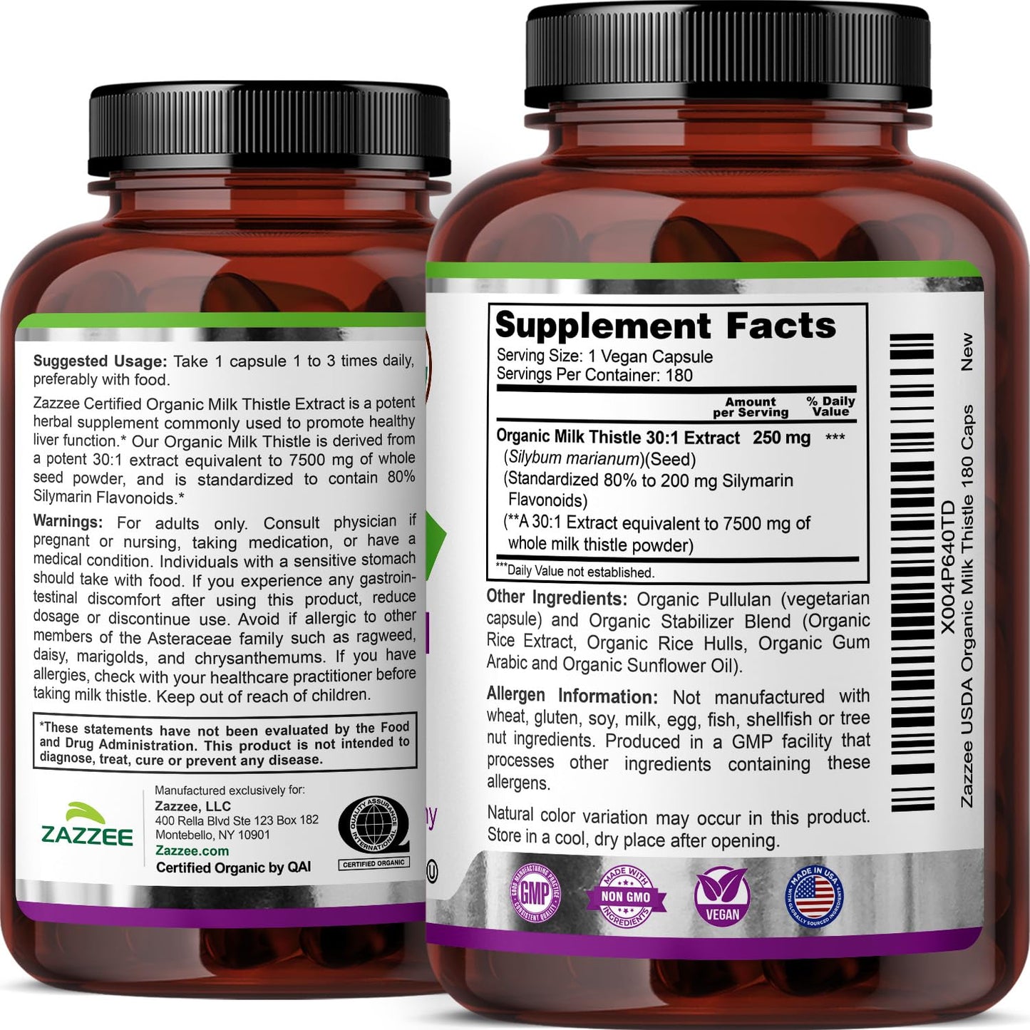 Zazzee USDA Organic Milk Thistle 30:1 Extract – 7500 mg per Capsule, 180 Vegan Capsules, 80% Silymarin, USA Made