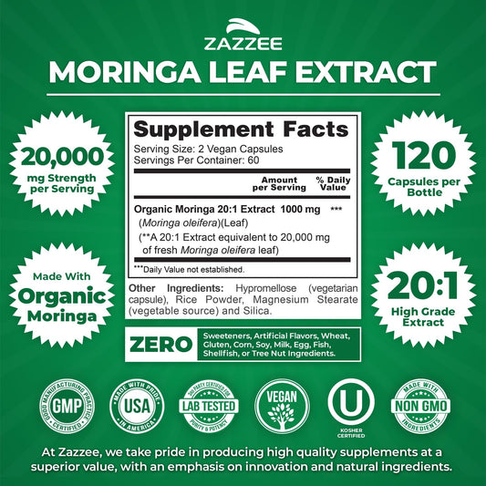 Zazzee Organic Moringa 20:1 Extract 20,000mg | 120 Vegan Capsules