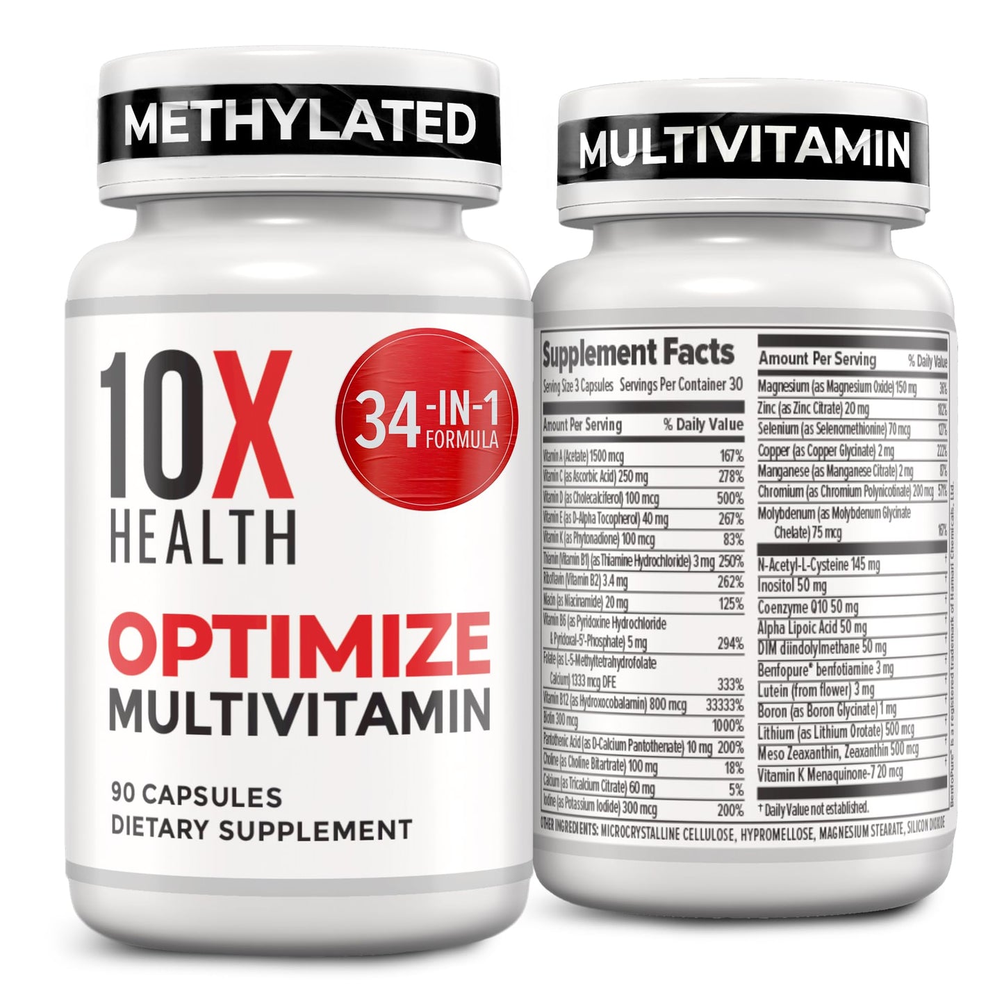 10X Health System Optimize Multivitamin for Men – 90 Capsules | 34-in-1 Methylated Formula, 5-MTHF, NAC, 800 mcg B12