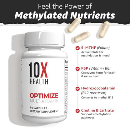 10X Health System Optimize Multivitamin for Men – 90 Capsules | 34-in-1 Methylated Formula, 5-MTHF, NAC, 800 mcg B12 - Calm Era