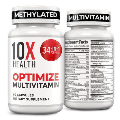 10X Health System Optimize Multivitamin for Men – 90 Capsules | 34-in-1 Methylated Formula, 5-MTHF, NAC, 800 mcg B12 - Calm Era