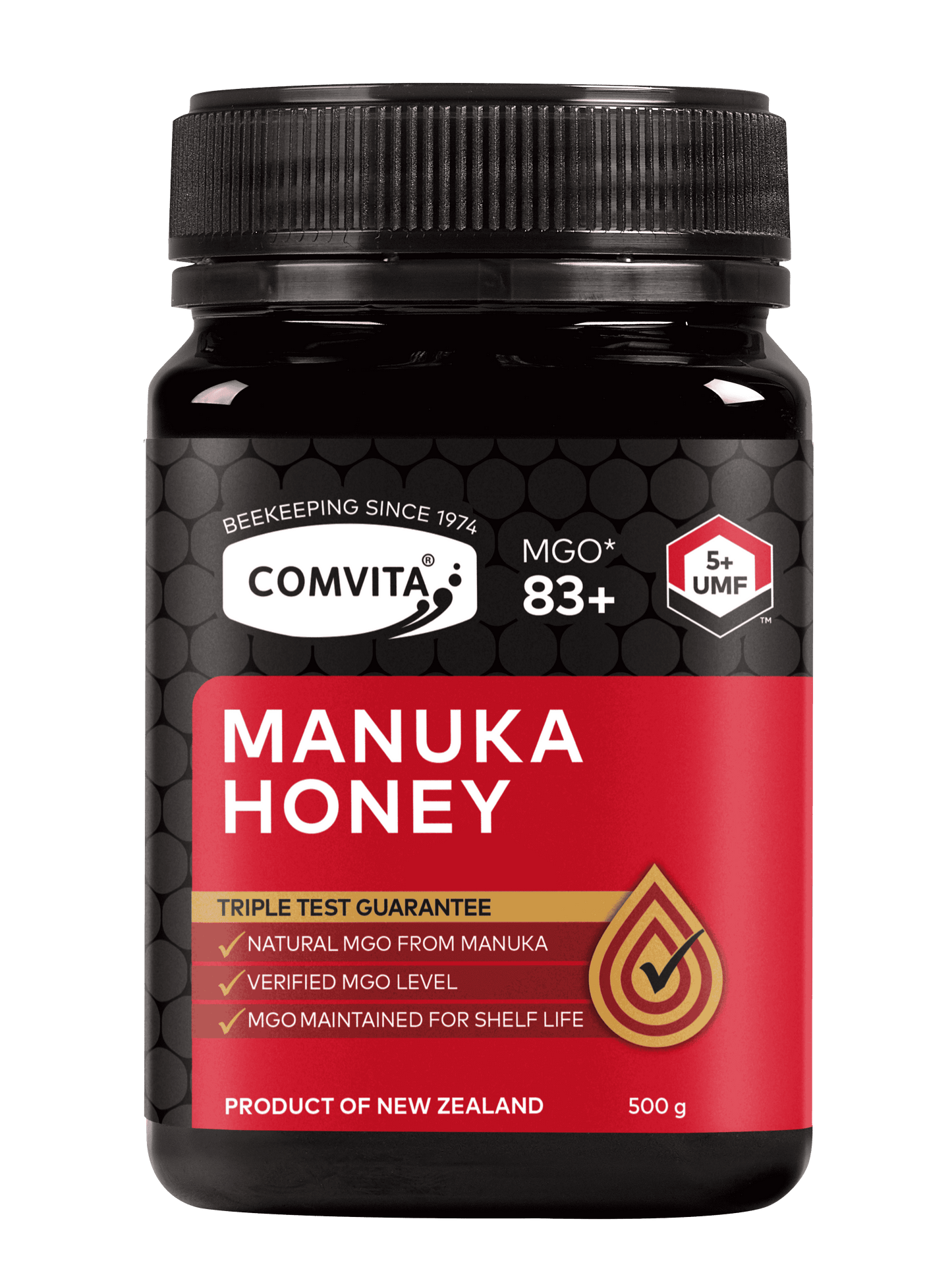 Comvita Manuka Honey jar with black lid on a transparent background