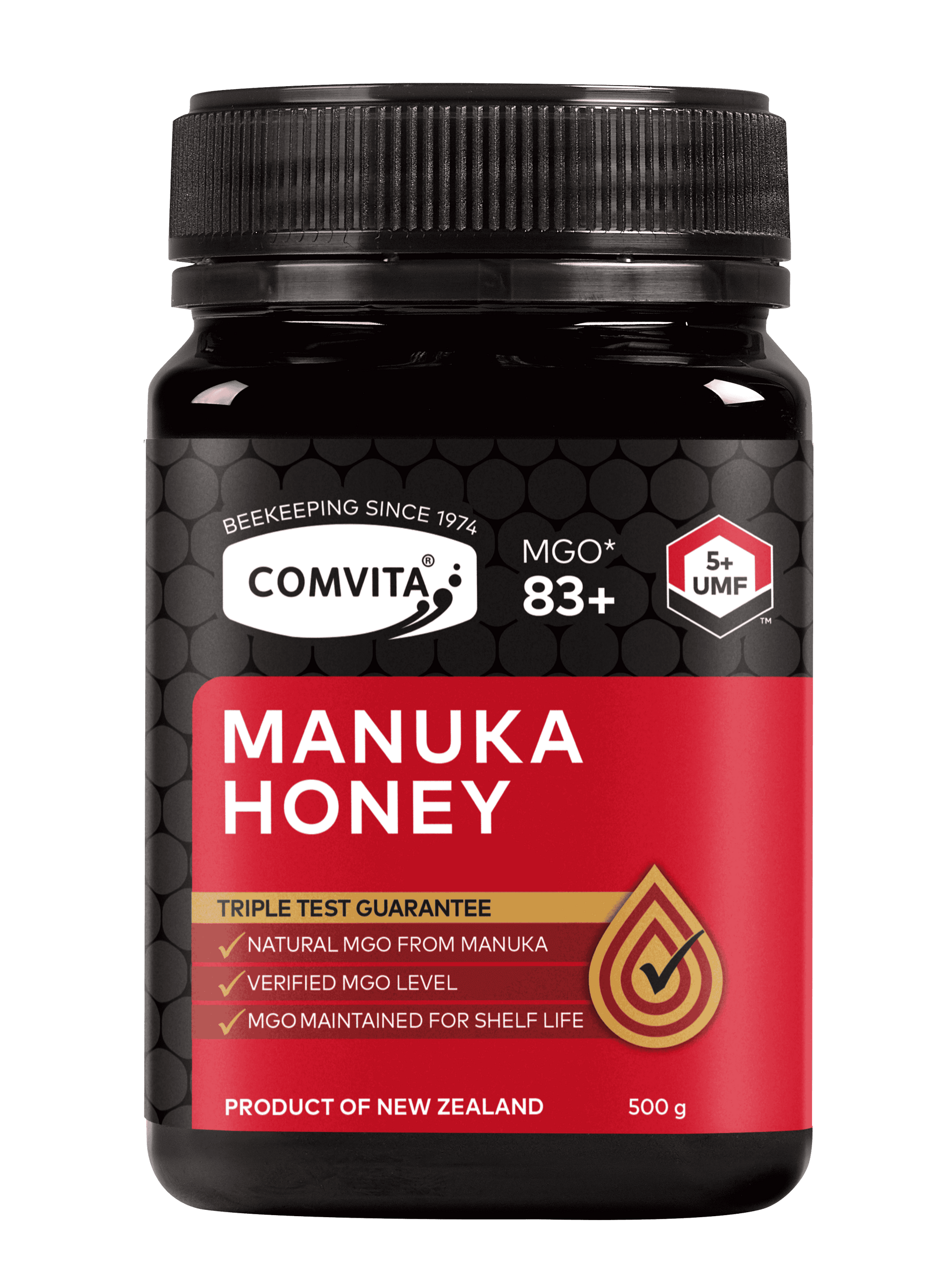 Comvita Manuka Honey jar with black lid on a transparent background