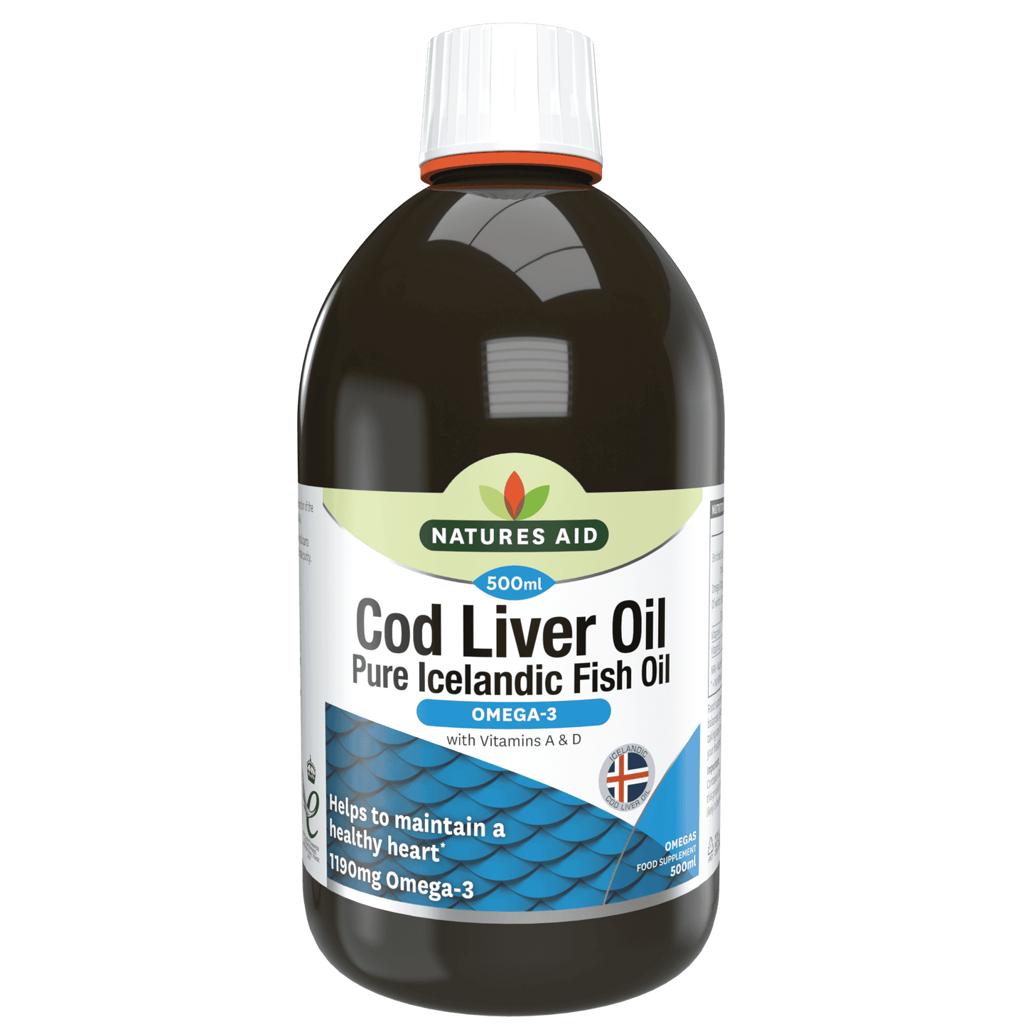 Bottle of Natures Aid Cod Liver Oil on a white background