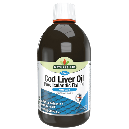 Bottle of Natures Aid Cod Liver Oil on a white background