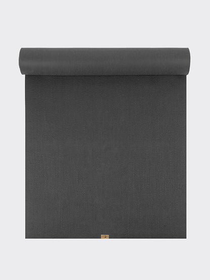 Dark gray yoga mat with a brand logo on a light gray background
