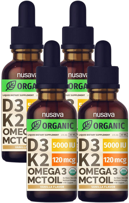 Four bottles of Nusava Organic D3 K2 Omega 3 MCT Oil on a white background