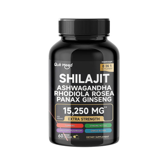 Supplement bottle labeled 'Shilajit' with various health benefits on a white background