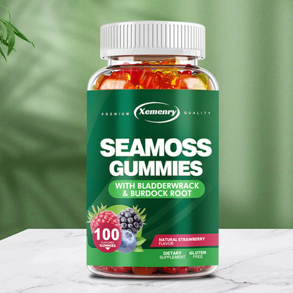 Bottle of Seamos Gummies with Bladderwrack & Burdock Root on a green background