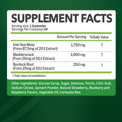 Seamoss Gummies - with Bladderwrack, Burdock Root - 100 Gummies