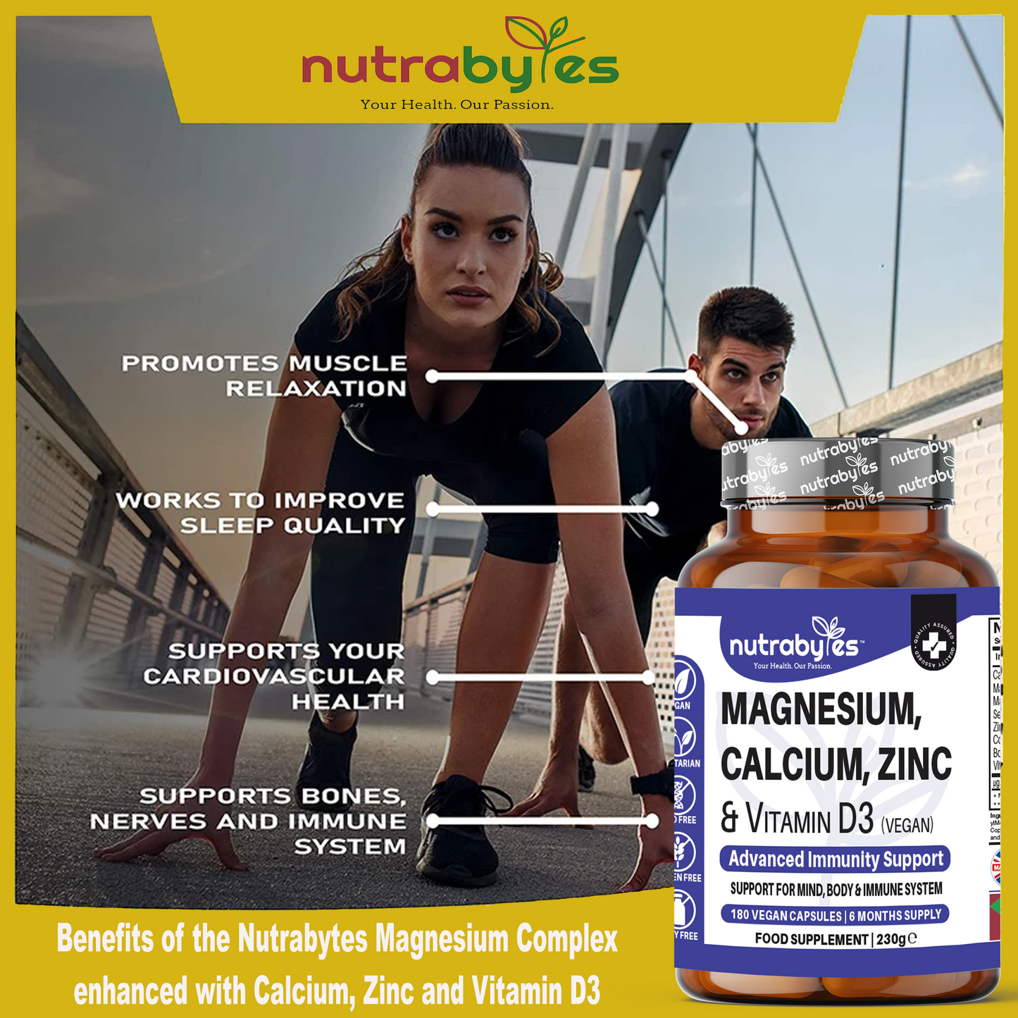 Magnesium, Calcium, Zinc & Vitamin D3 Complex | Advanced Immunity Support | 180 Vegan Capsules