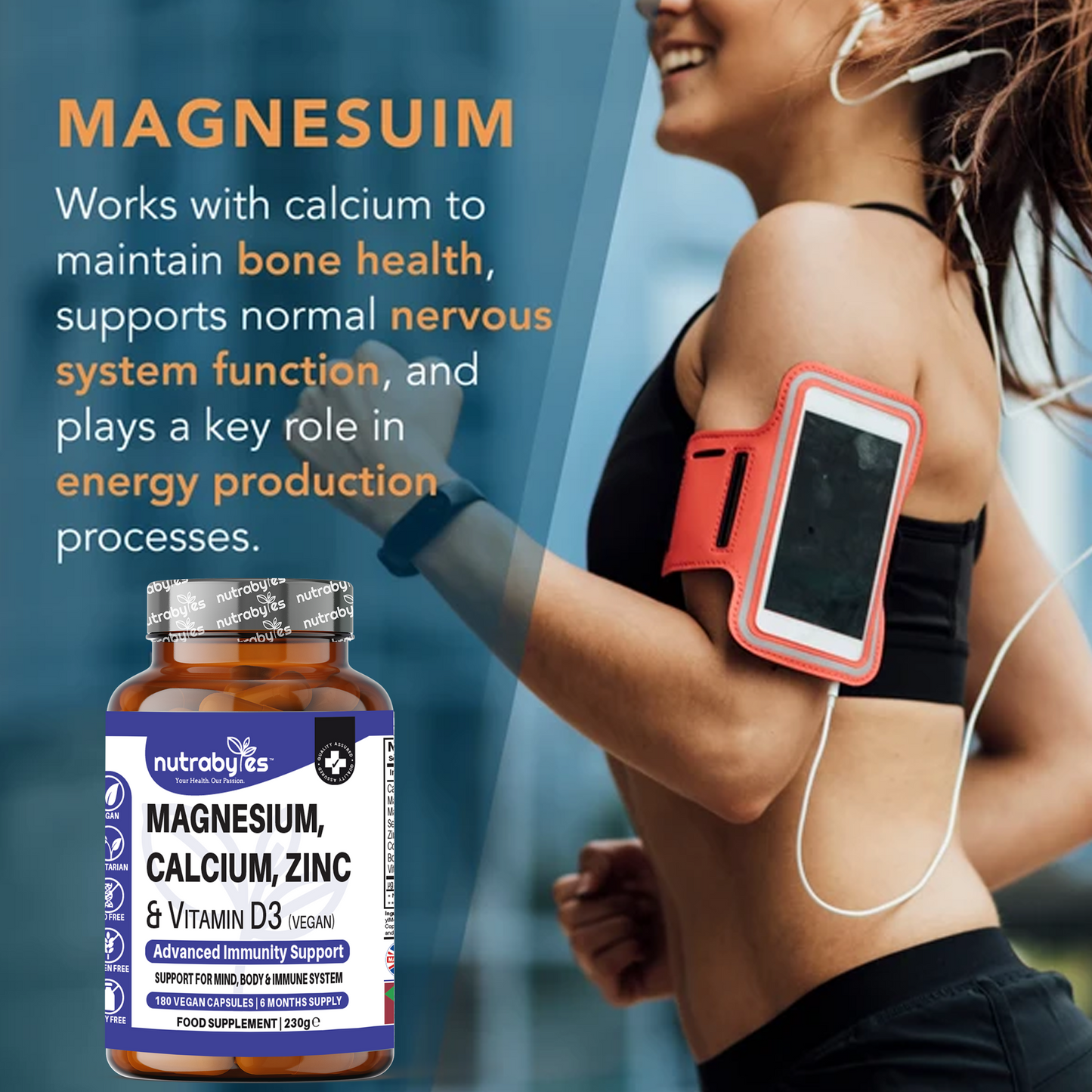 Magnesium, Calcium, Zinc & Vitamin D3 Complex | Advanced Immunity Support | 180 Vegan Capsules