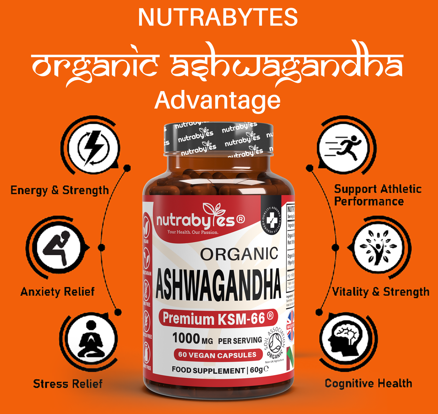 Organic Ashwagandha KSM-66® 1000mg | with Organic Black Pepper | 60 Vegan Capsules