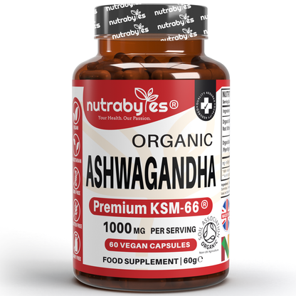 Bottle of Nutrabyles Organic Ashwagandha supplement on a white background