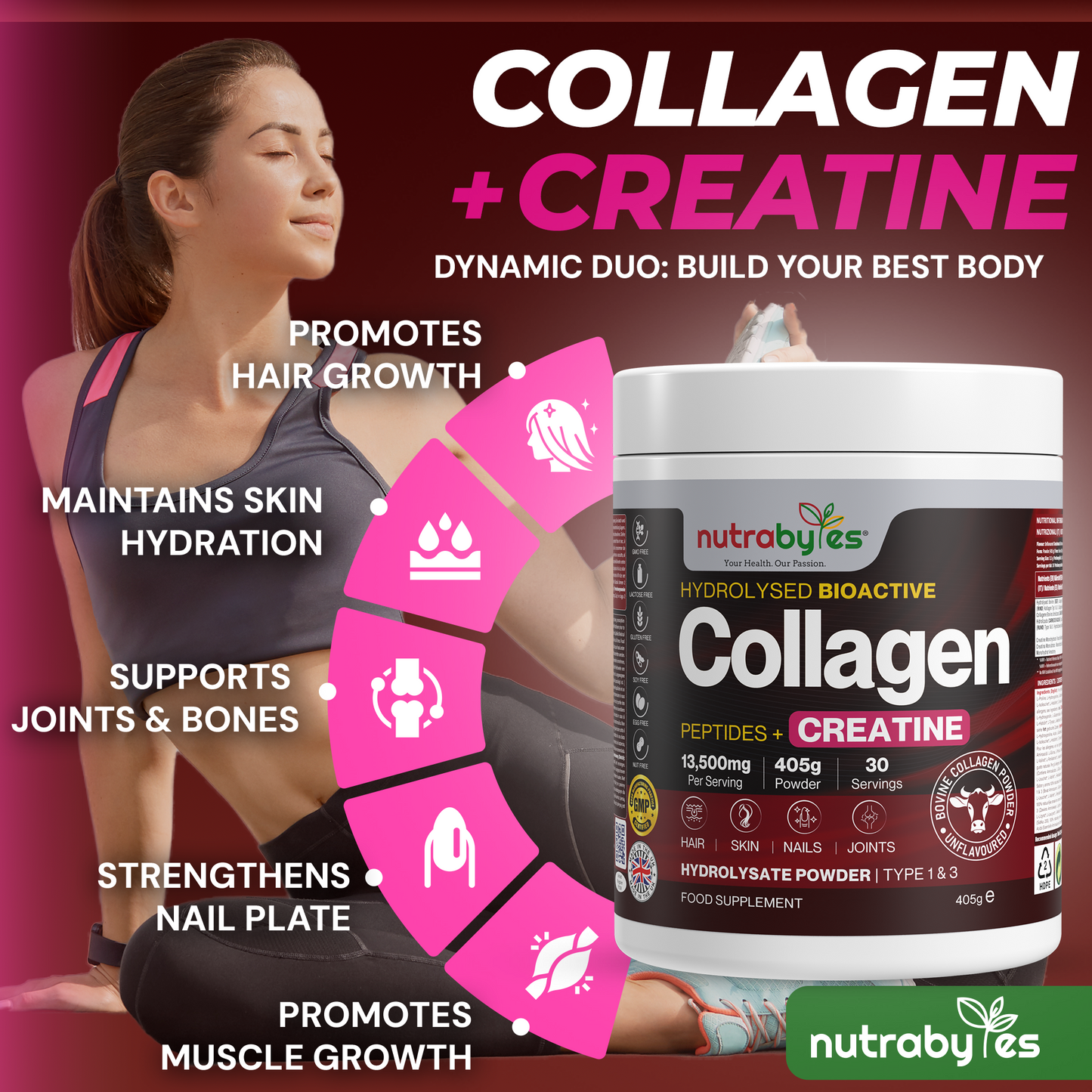 Collagen Powder with Creatine Monohydrate | Bovine Collagen & Micronised Creatine | Unflavoured | 405g