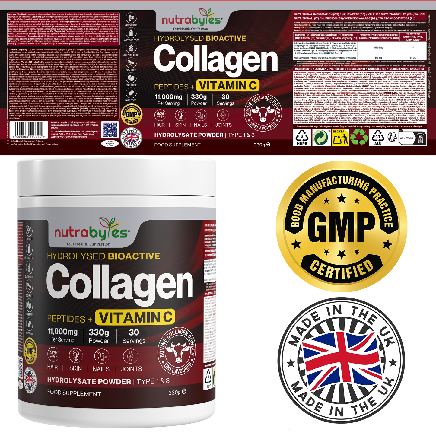 Bovine Collagen Powder with Vitamin C | Hydrolysed Peptides Types 1 & 3 | Unflavoured | 330g