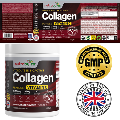 Bovine Collagen Powder with Vitamin C | Hydrolysed Peptides Types 1 & 3 | Unflavoured | 330g