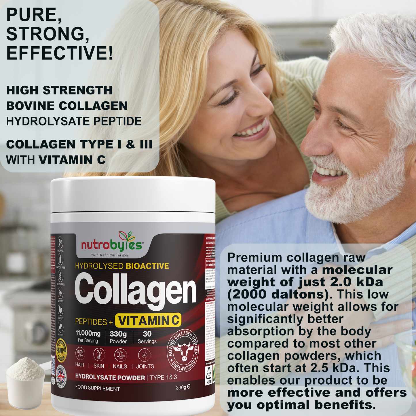 Bovine Collagen Powder with Vitamin C | Hydrolysed Peptides Types 1 & 3 | Unflavoured | 330g