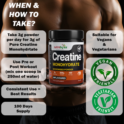Creatine Monohydrate Powder 300g | Pure Micronised | 100 Servings | Unflavoured | Vegan