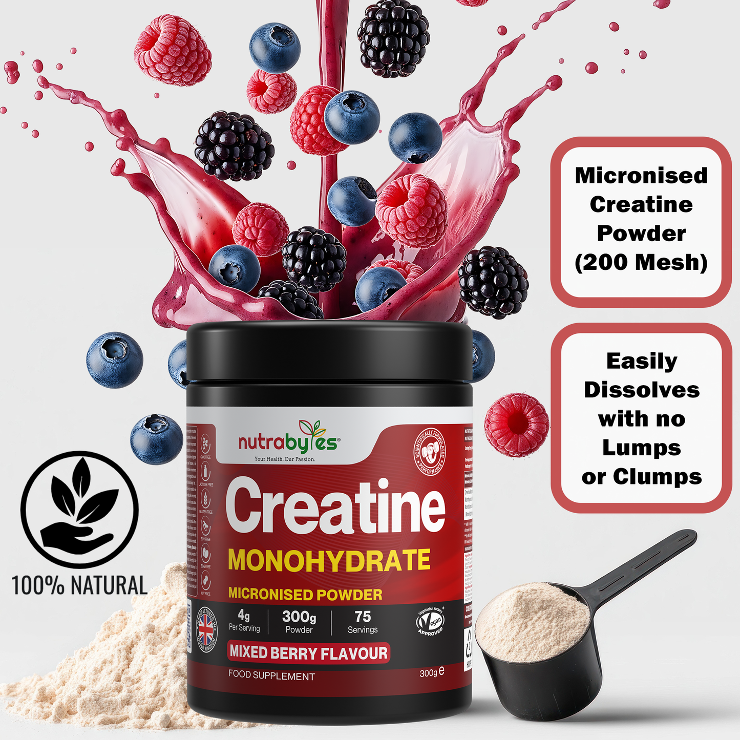 Creatine Monohydrate Powder 300g | Pure Micronised | 75 Servings | Mixed Berry Flavour | Vegan