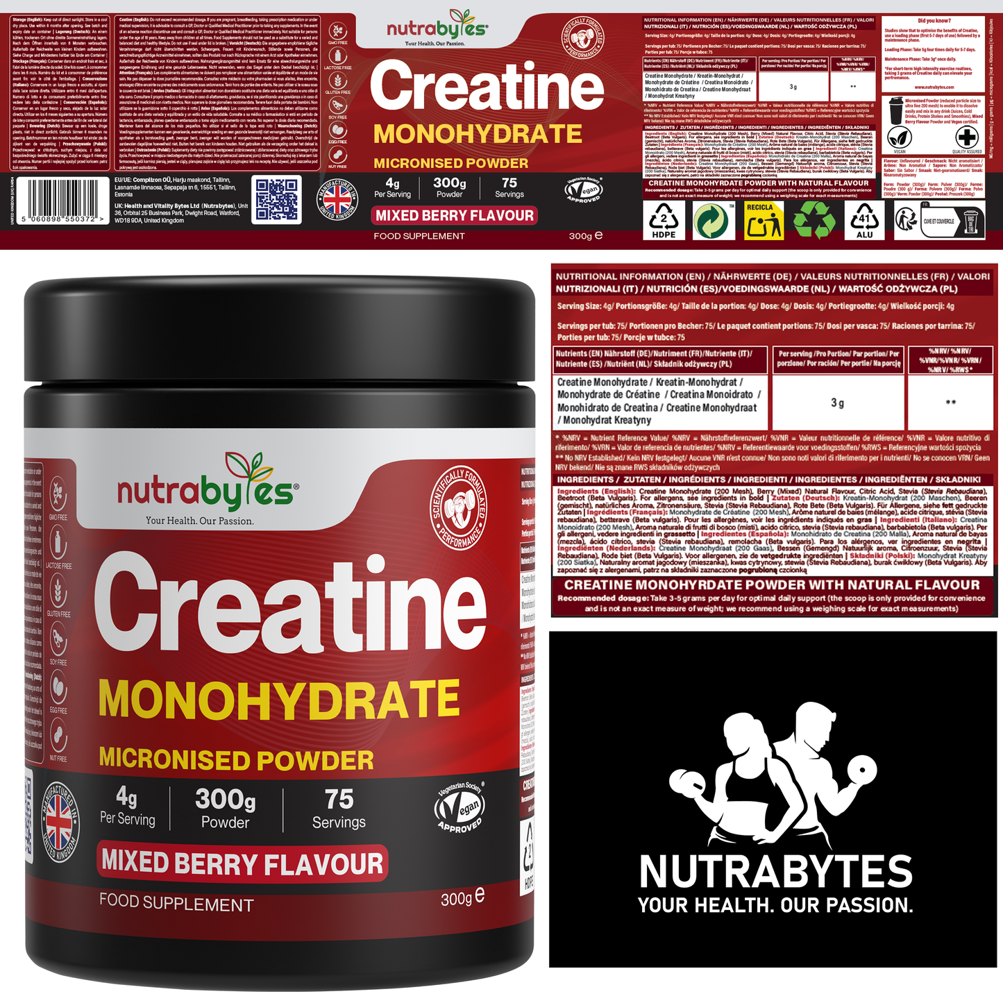 Creatine Monohydrate Powder 300g | Pure Micronised | 75 Servings | Mixed Berry Flavour | Vegan